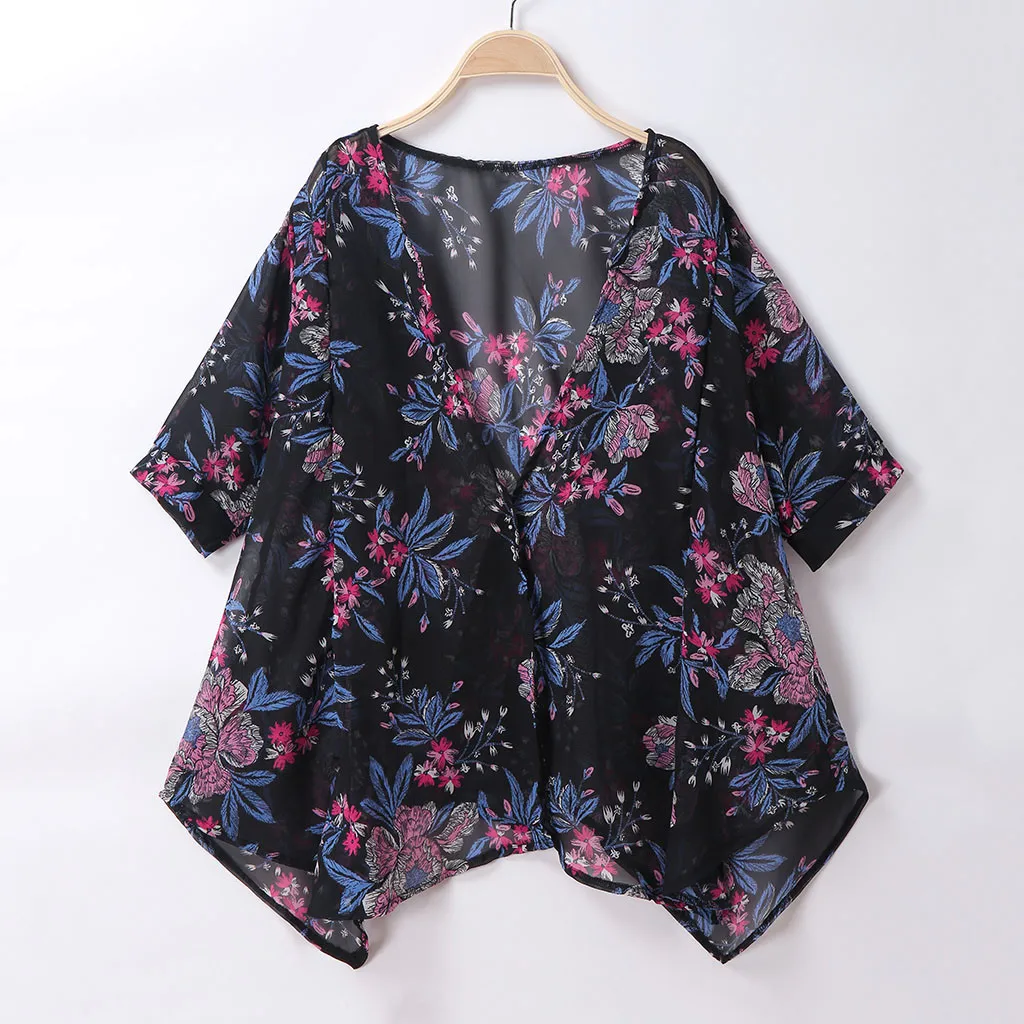 

2019 New Summer Bikini Shirts Women's Print Swimwear Navy print Fashion beach smock hoodie Beach Blouse Half Sleeve Camisa L329A