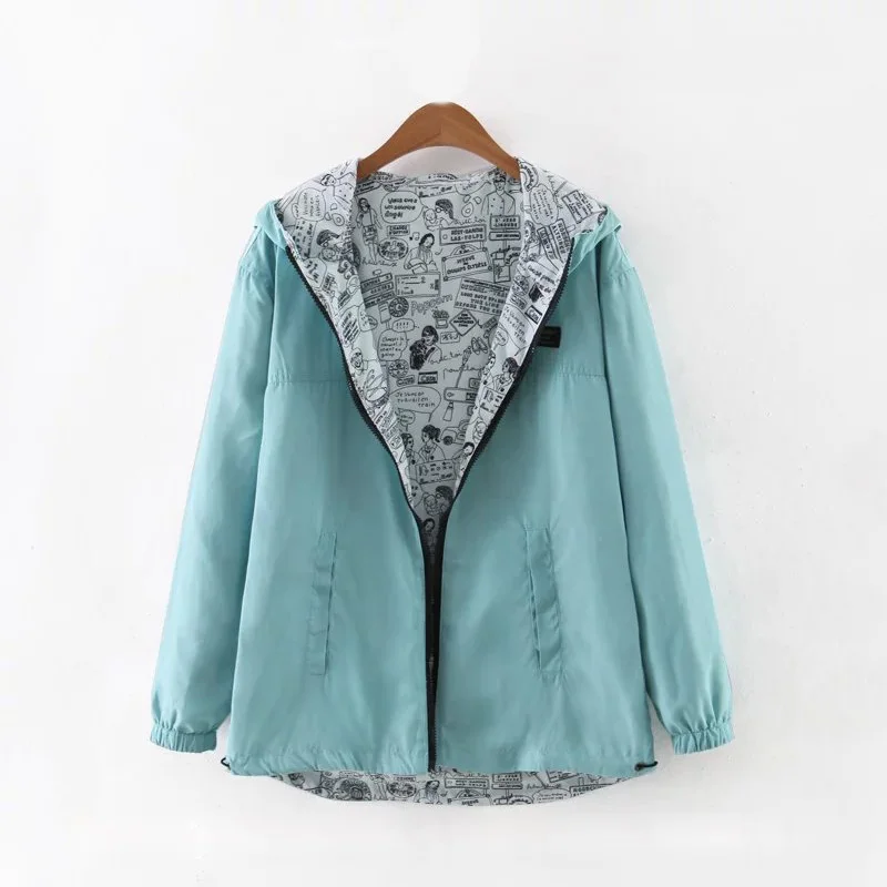 Best  2020 Spring Autumn Women Basic Jacket Coat Two Side Wear Cartoon Print Pocket Zipper Hooded Jackert
