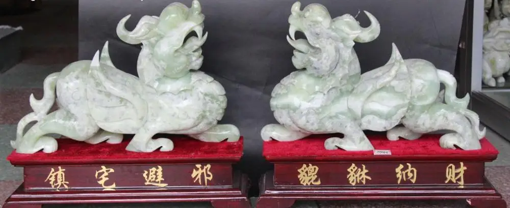 

16" Chinese Natural Green Jade Bixie Pi Xiu Pixiu Brave troops Pure Hand Pair