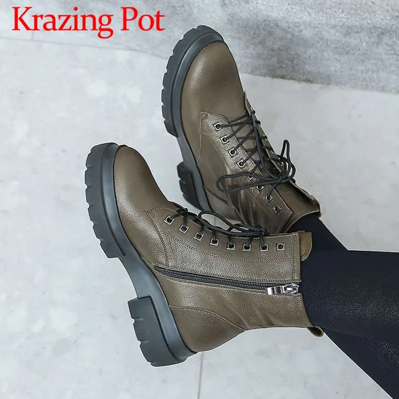 

Fashion style vintage motorcycle boots plus size genuine leather round toe med heels zip western boots luxury ankle boots L5f3