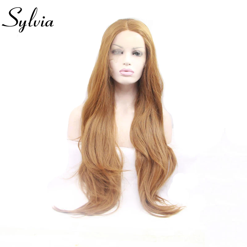 sylvia light brown color natural straight synthetic lace front wigs with middle parting heat resistant fiber hair