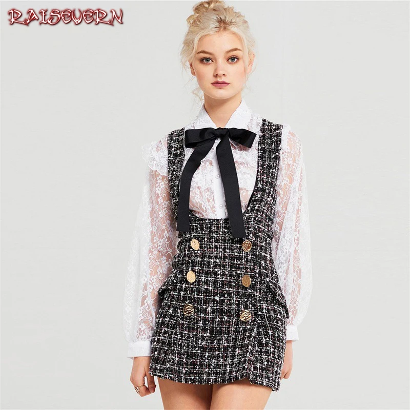 

RAISEVERN British Style Plaid Tweed Women Mini Dress Winter Sleevesless Double Button Elegant Ladies Strap Dress Femme Vestidos