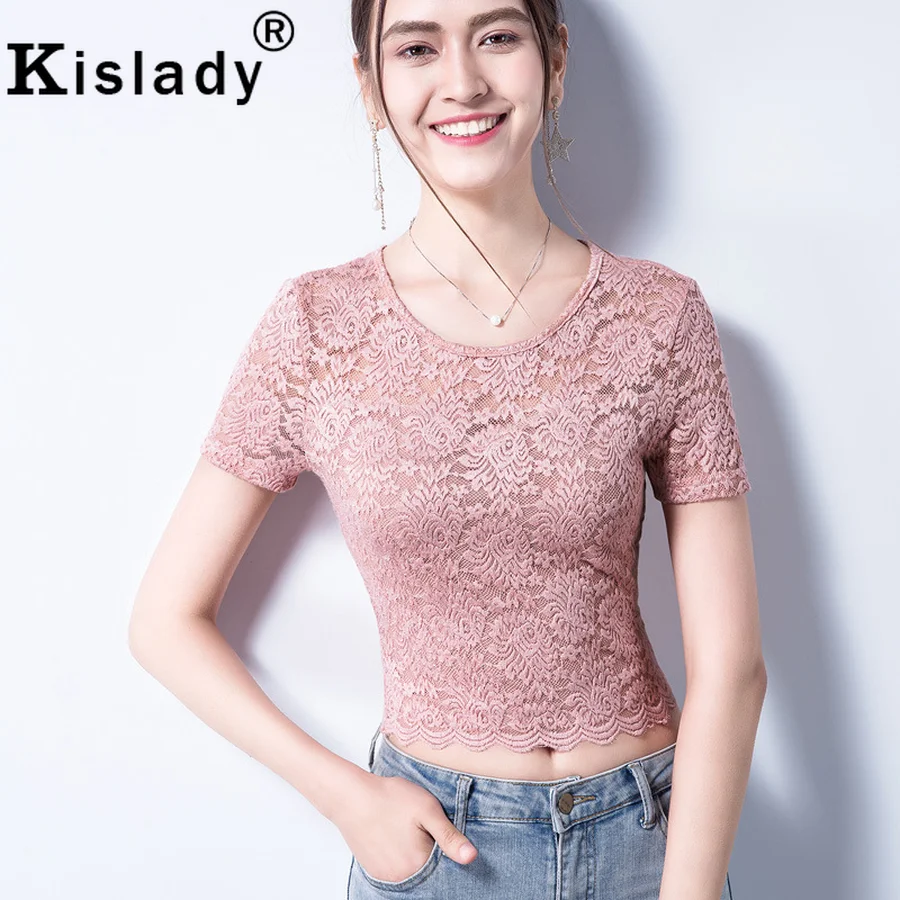 

Kislady New 2019 Summer Hollow Out Lumbar Lace Women Shirts Foreign Flavor Sexy Round Neck Blouse Patchwork White Short Blouses