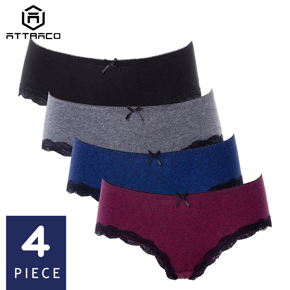 

ATTRACO Women Underwear Panties Hipster 4 Packs Cotton Soft Strech comfort solid Ladies Bow tie Mid-waist Hot Sale Dropshiping