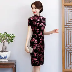 Пикантные женские по колено Cheongsam Лето 2018 г. Винтаж китайский стиль платье Мода Qipao Тонкий Вечерние платья с пуговицами Vestido