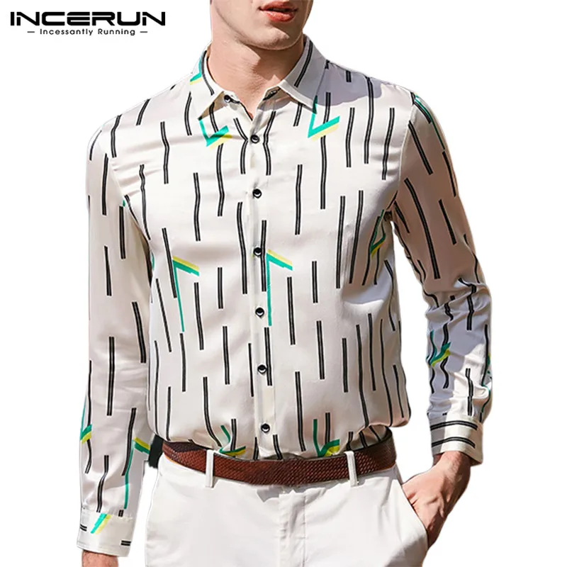 INCERUN шелковая атласная печать мужские рубашки с длинным рукавом отворотом шеи фитнес Кнопка Camisa уличная бизнес бренд платье рубашки для мужчин