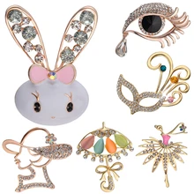 Cristal coelho pinos broches borboleta francesa senhora pino completo strass dança menina broches máscara guarda-chuva pino pena pavão(China)