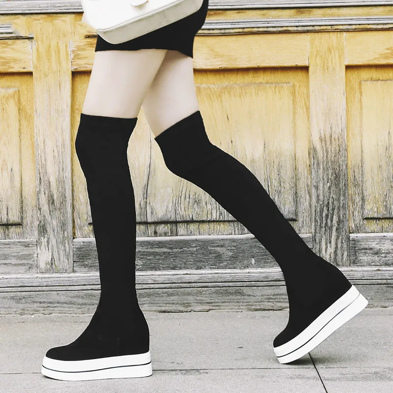

LOOKLOOKBUY 2018 Black Over The Knee Boots Platform Womens Stretch Boots Knee High Suede Leather Boots women winter boots