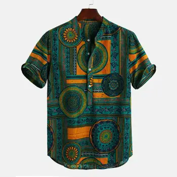 

Hawaiian Shirts Linen Shirts Men Lump Chest Button Short Sleeve Round Hem Loose Shirts Tie Henley Men Shirt Camisa Masculina