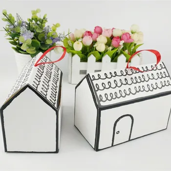 

10pcs White House Shape Large Gift Box Packaging Cake Dragees Candy Box with Red Ribbon Wedding Deco Mariage Gift Wrapping Paper
