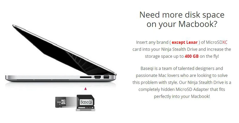 BASEQI алюминиевый MiniDrive адаптер карты Micro SD считыватель карт памяти для Macbook Air 13 ''модель 103A