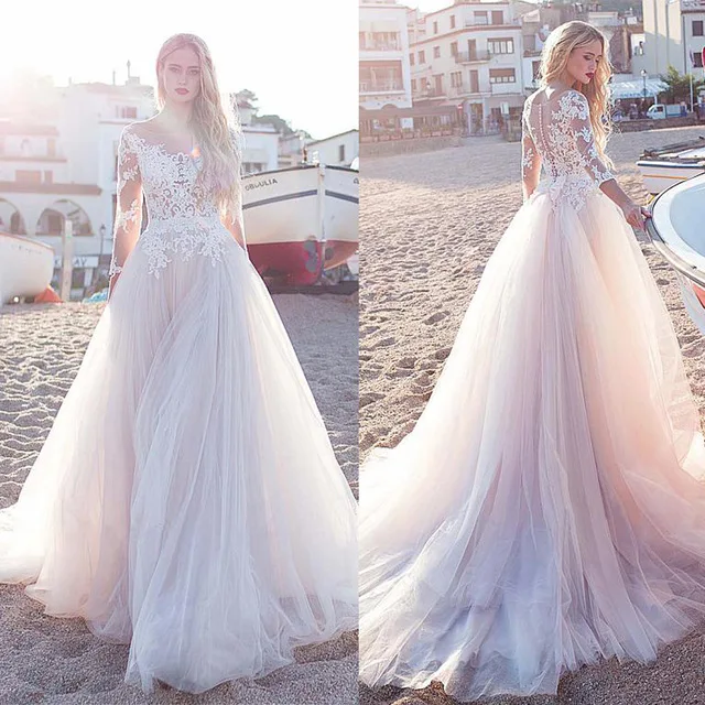 

Long Sleeves Scoop Neckline See-through A-line Wedding Dress With Lace Appliques & Bowknot Tulle Beach Bridal Dress