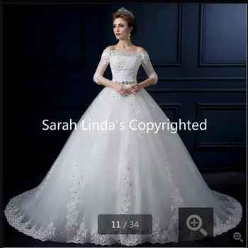 

2016 fashion new ball gown off the shoulder wedding dress lace appliques beaded wedding gowns 3/4 sleeve wedding dresses