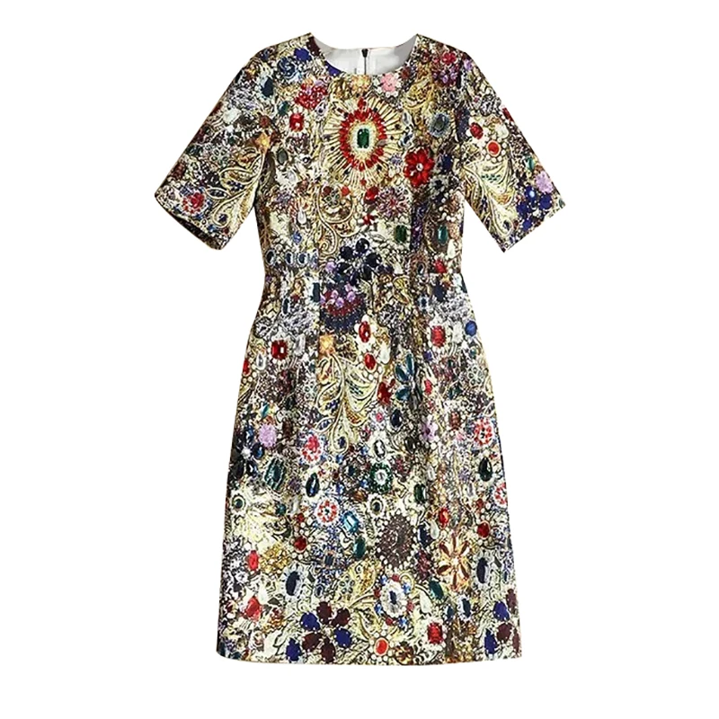 SEQINYY Luxury Dress Summer Spring New Fashion Design Short Sleeve Beading Vintage Print Mini Dress