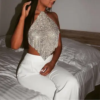 

Sexy Aluminum sheet Rhinestone Women Sequins Tank Backless Summer Beach Halter Nightclub Party Crop Tops