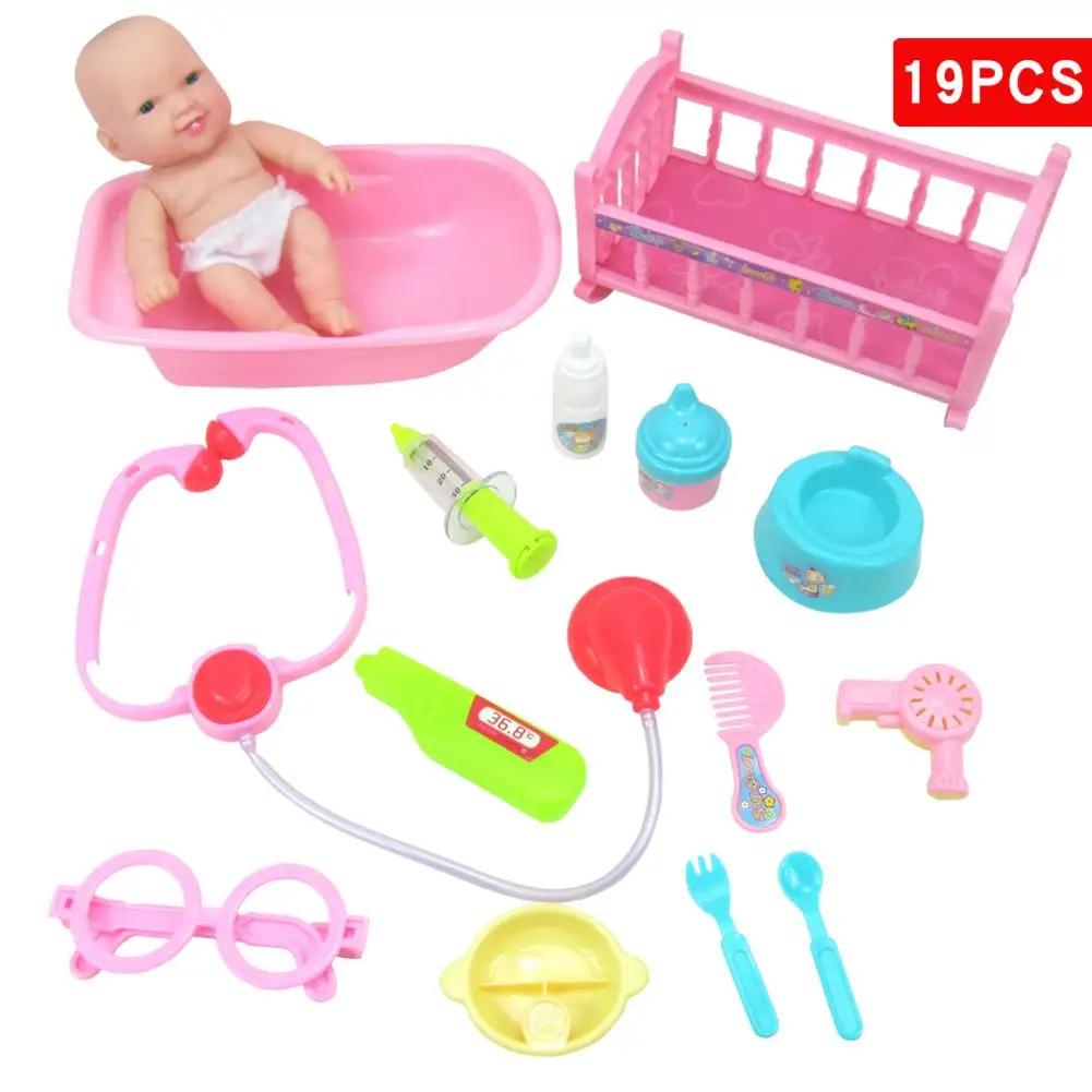 cheap Children #039;s Toys Girl House Toys 19Pcs Doll Bath Bed Tableware Doctor Medical Toy Set Pretent Play Educational Toys