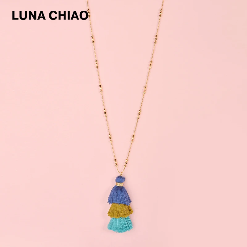 

LUNA CHIAO Trendy Tassel Style Necklace Women Pine Tree Colorful Multi Triple Layer Stacked Tassel Long Necklace&Pendant