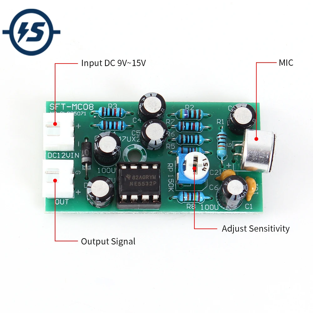 

Audio Monitoring Microphone Amplifier Board Adjustable Capacitive DC 9V-15V Voice Module MIC Auto Gain Control