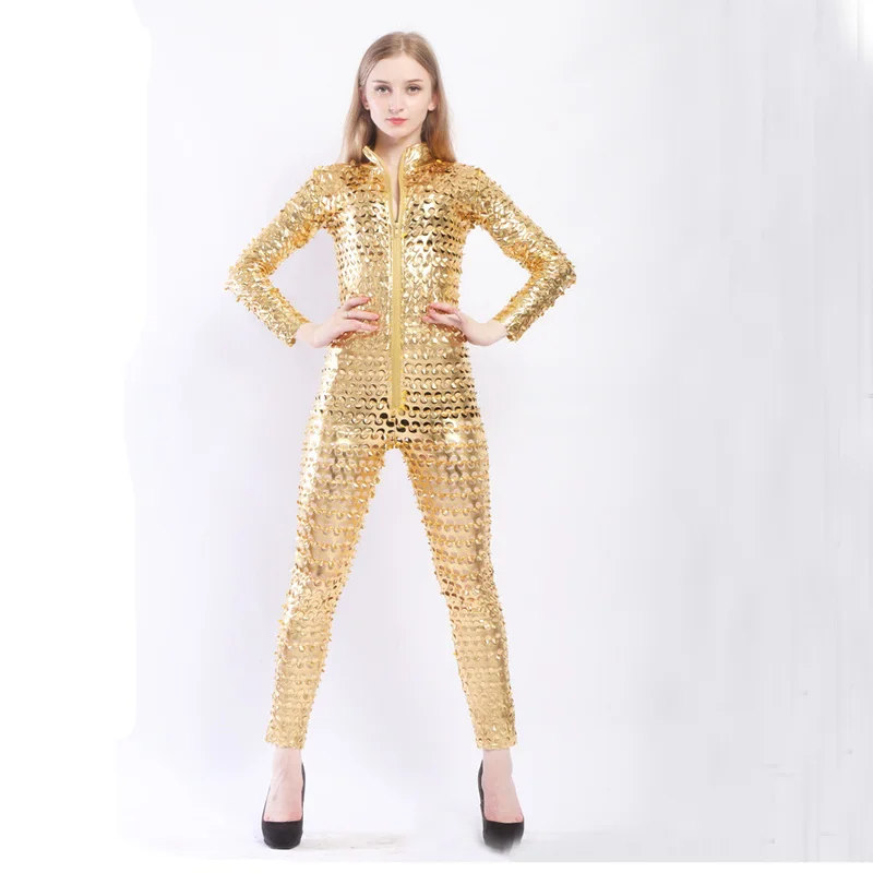 Hot Sexy Pole Dance Clothes Lingerie Latex Pvc Dress Jumpsuit Zentai Costume Women Gold Catsuit Lady Nightclub Bodysuit