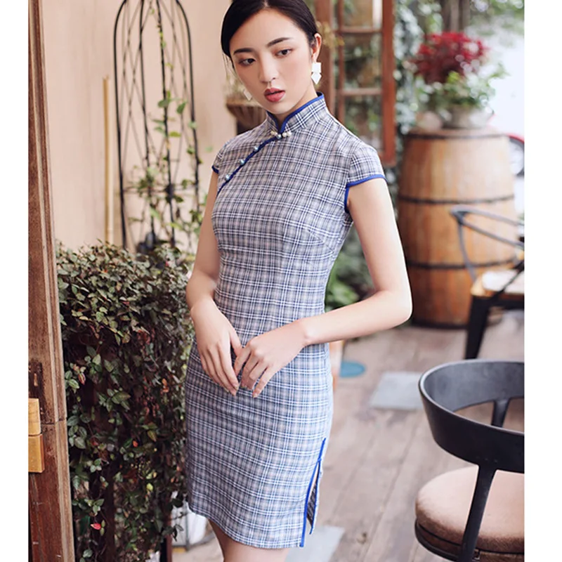 

Vintage Plaid Chinese Traditional Dress Women Summer Cotton Linen Qipao Short Slim Sexy Cheongsam Top Size S M L Xl Xxl