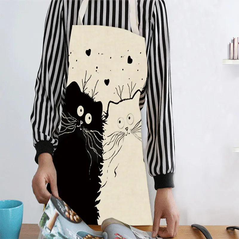 Современный минималистичный фартук из хлопка и льна с милым рисунком кошки из мультфильма освежает и легко надевается