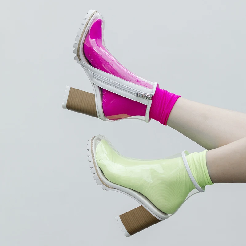 Kcenid/Большие размеры 33-41; модная прозрачная обувь ПВХ; женские ботинки на платформе на молнии; высокие каблуки для суперзвезды ботильоны для вечеринки