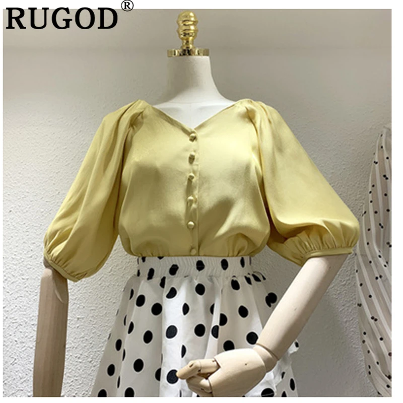 

RUGOD Silky women blouses short sleeves v neck single-breasted elegant summer tops casual work out modis femme blusas