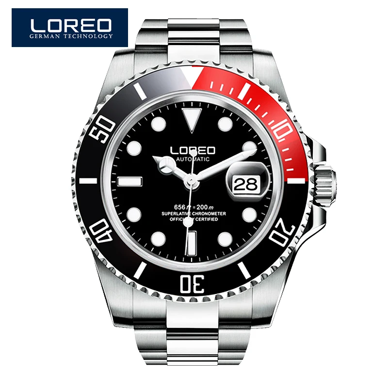

LOREO Germany watches men luxury brand diver Pro Diver Analog Automatic Stainless Steel Watch Sports black waterproof 200M