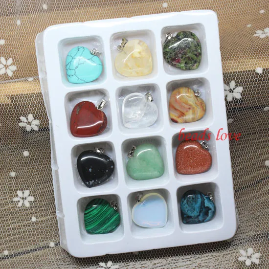 

12pcs Mix Multi-style Natural Stone Charms Love Heart Finding Pendants for Jewelry Making 20mm (W02536)
