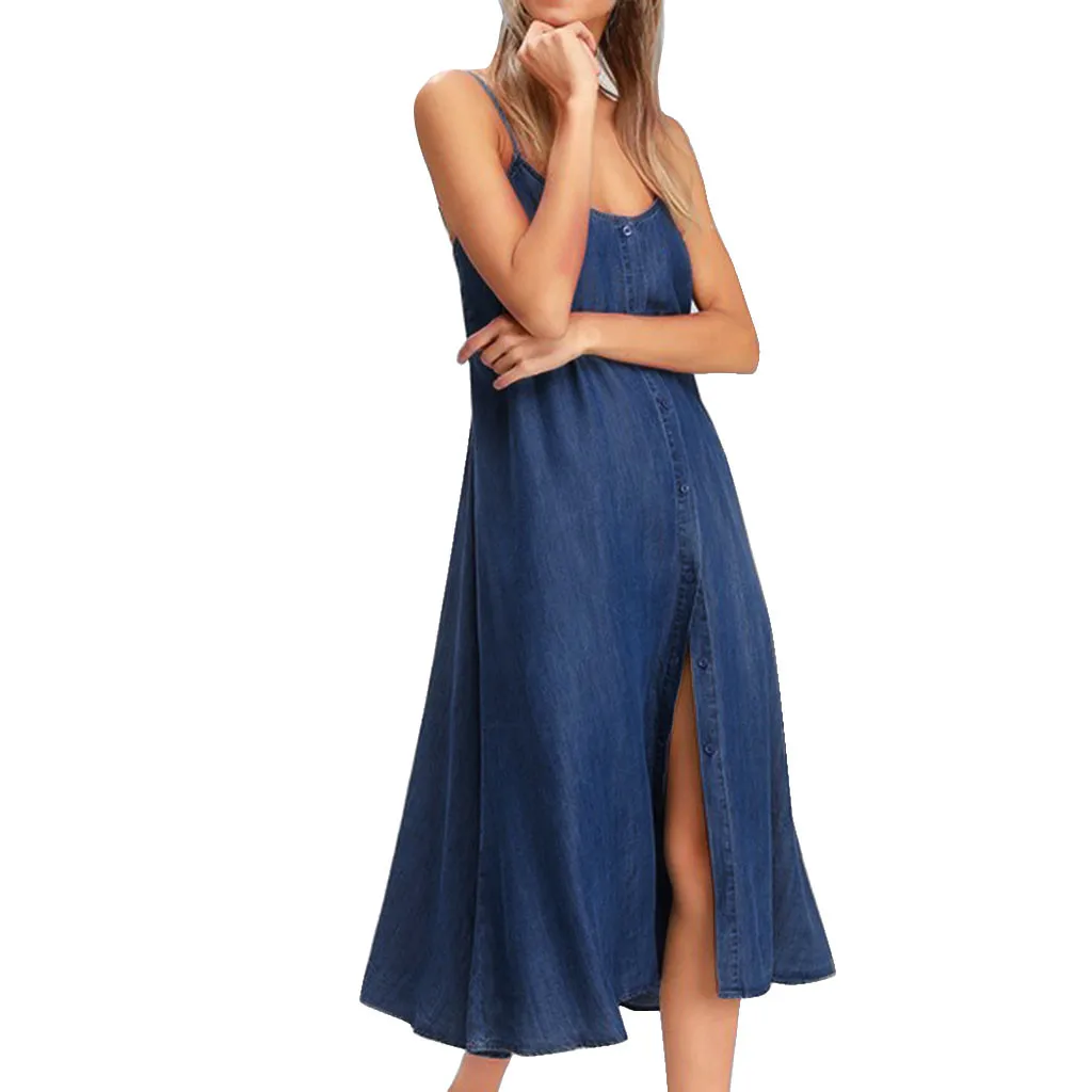 

Denim Sundress 2019 Summer Women Dress Denim Off Shoulder Spaghetti Strap Backles Sleeveless Party Dresses Sundress L509