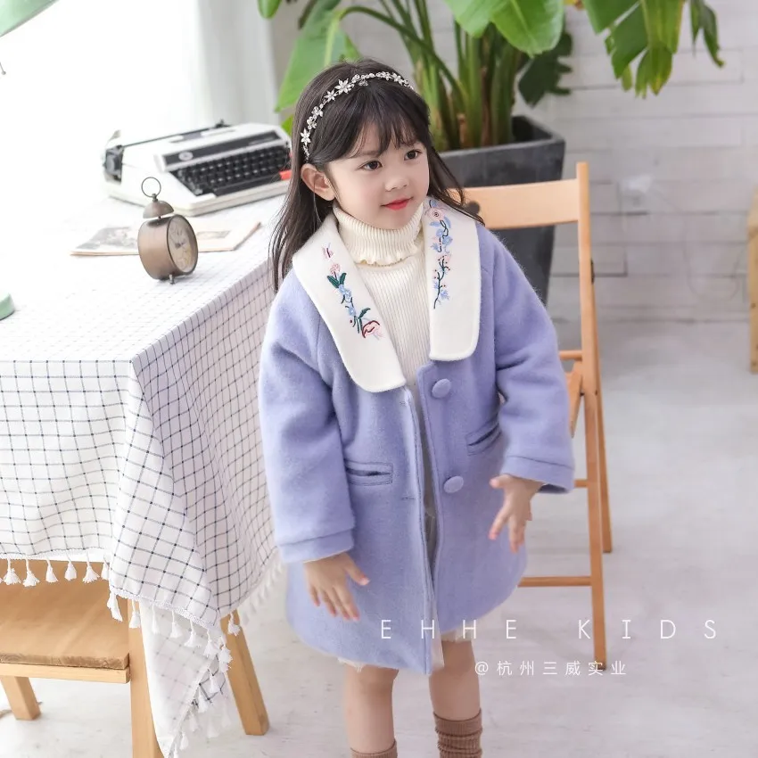 

Kids girls coats 2018 new winter fashion sweet large lapel woolen embroidery soft quilted jacket
