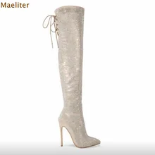 Подарок на год, шикарные высокие сапоги с кристаллами Высокие сапоги на высоком каблуке со шнуровкой Свадебные сапоги со стразами вечерние блестящие модельные туфли