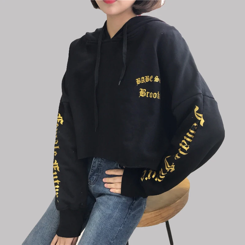 

Women Hoodies Short Leaking Navel Letter Sweatshirts 2018 Pullover Thick Loose Female Student Tracksuits Harajuku Splice Top