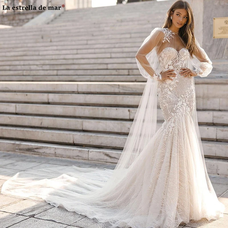 

Newest Shinny Mermaid Wedding Dress with Wrap NEW Sexy Long Sleeve Lace Appliqued Bacless Sweetheart Beach Bohemian Bridal Gown