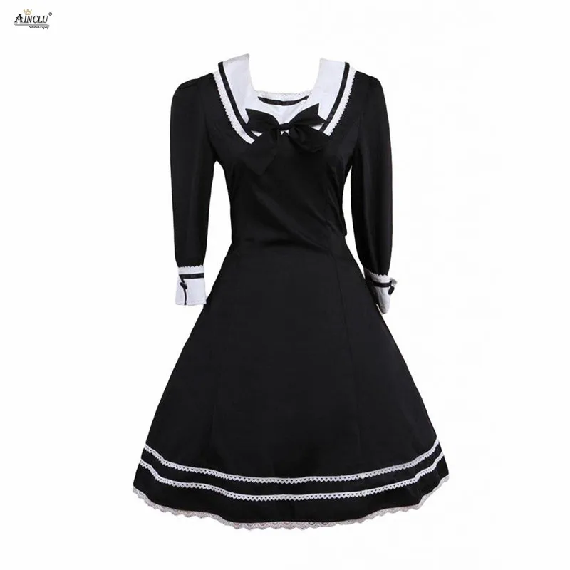 

Middle-Long Dress Ainclu Womens XS-XXL Classic Black Cotton Half Sleeves Crewneck Lolita Dress for Casual/Birthday/Party