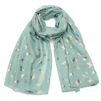 

Winfox Fashion Butterfly Dragonfly Printed White Bronzing Foil Gold Chiffon Scarves Women Soft Loop Wrap Scarf Ladies Shawls