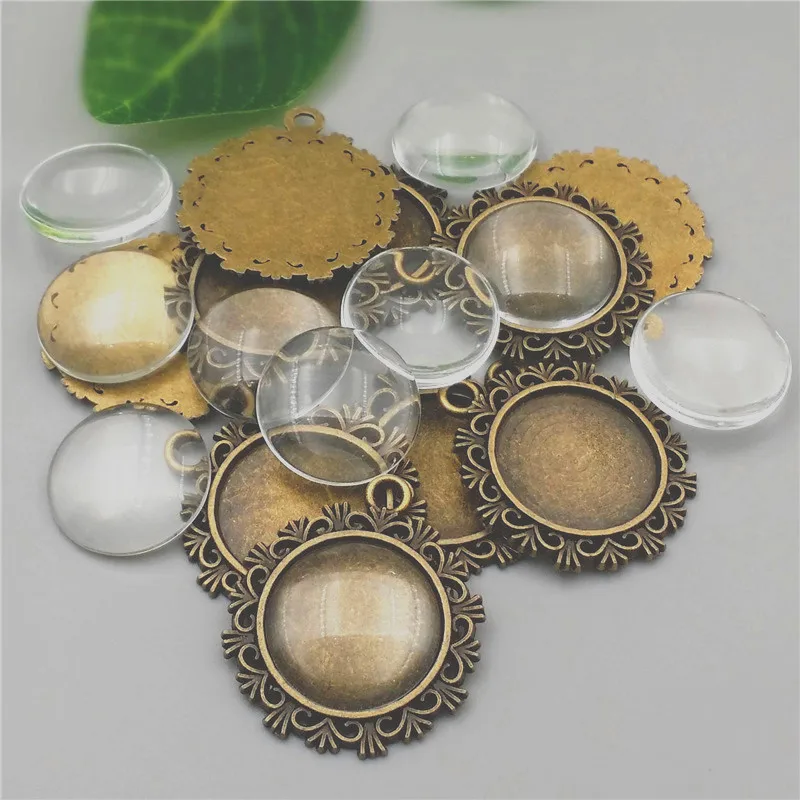 10sets/lot 20mm Round Antique Bronze Alloy DIY Cameo base Setting Pendant+Clear Glass Cabochons Beads Jewelry finding A1021 | Украшения и