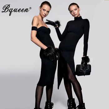 

Bqueen 2019 Autumn New Black Mesh Stand Neck Long Sleeve Fashion Women Party Dress Sexy New Vestidos