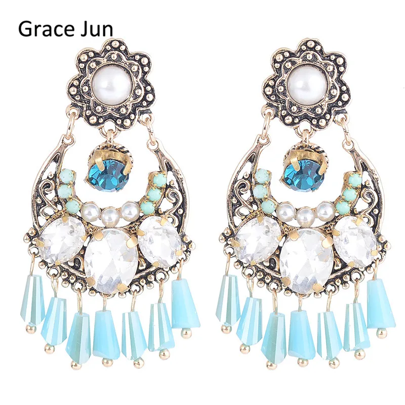 

2017 New Style Crystal Simulated Pearl Resin Big Flower Shape Hollow-out Dangle Drop Earrings for Women Luxury Statement Bijoux