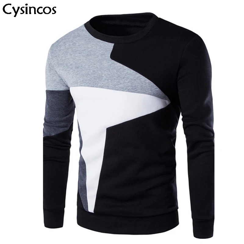 

Cysincos New 2019 Fashion Pullover Men Long Sleeve Slim Fit pullover Male Fall Spring Casual Patchwork Design Round Neck Sweater