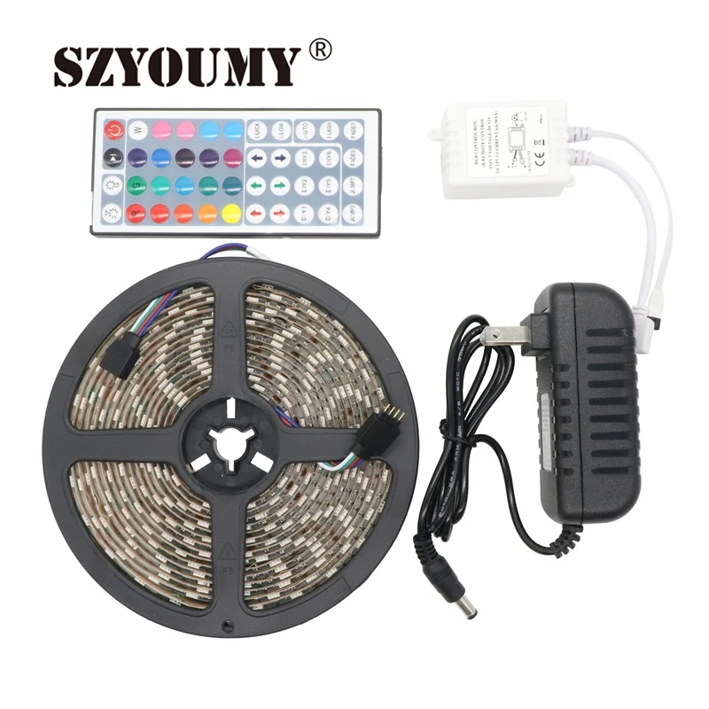 #Best SZYOUMY 5M SMD RGB 5050 Tape Light Waterproof 300 LED Strip Light 44 Key Remote DC 12V 3A Power Adapter EU US Led Strip Kit