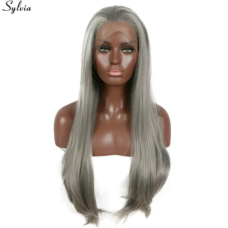 

Sylvia Long Gray Synthetic Lace Front Wig Silver Grey Soft Natural Hairline Heat Resistant Glueless Synthetic Hair Wigs 26inches