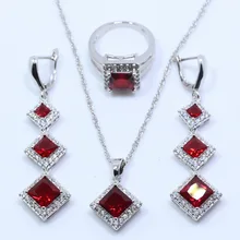 Сверкающие Милая подвеска с красным родонитом свадебный набор украшений из серебра 925-й пробы кольцо серьги, ожерелья цепи подарочная упаковка T38