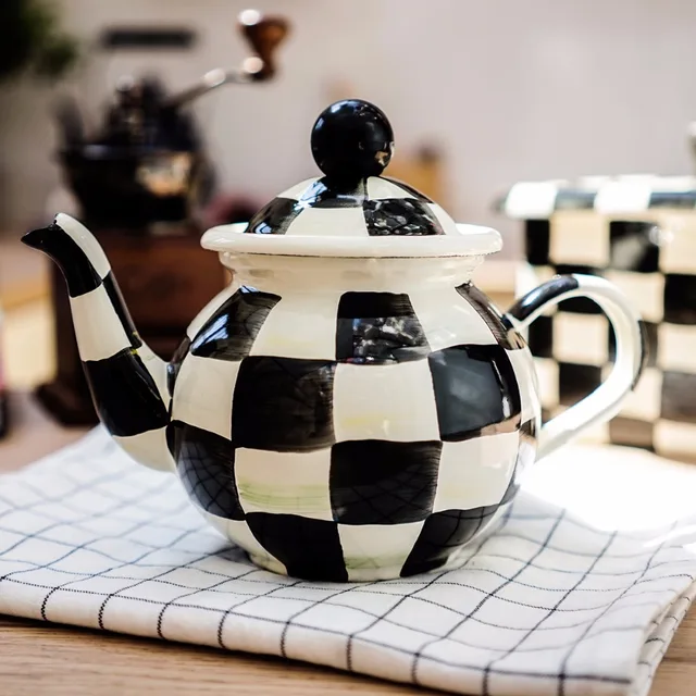 Handmade porcelain enamel checkerboard black white kettle tea pot