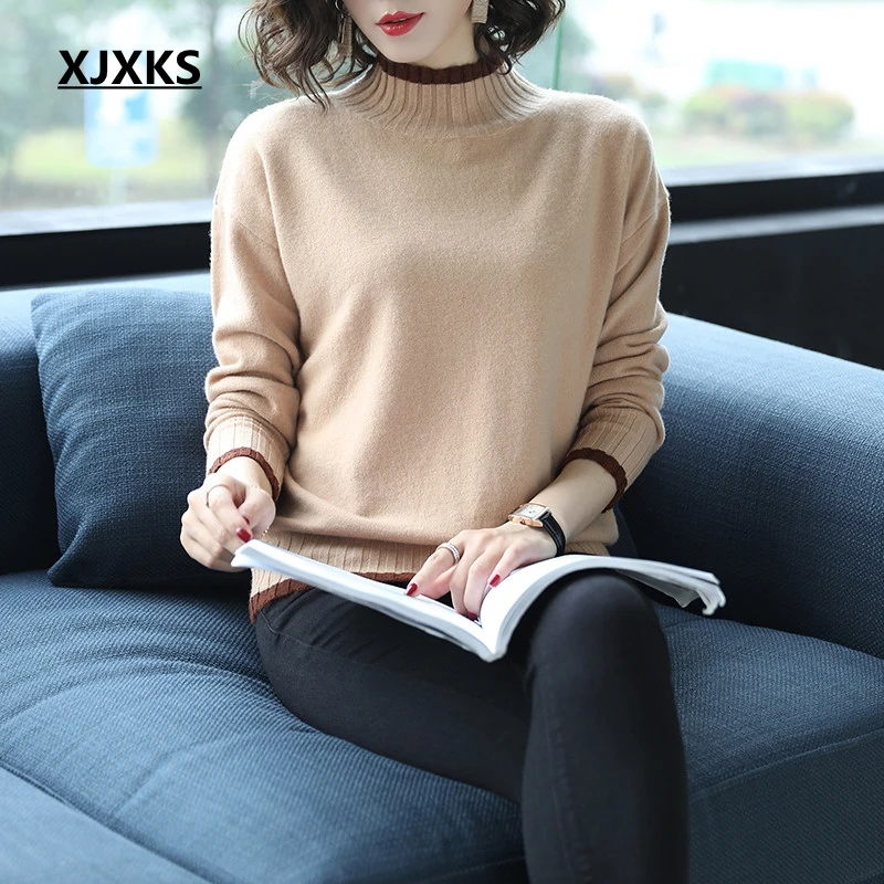 Roulé 100 Laine Casual Col Taille Kaki Plus Nouveau Hiver Pull Automne Femme La Xjxks Tricoté Chandail 2019 Femmes Patchwork SWZy1yO