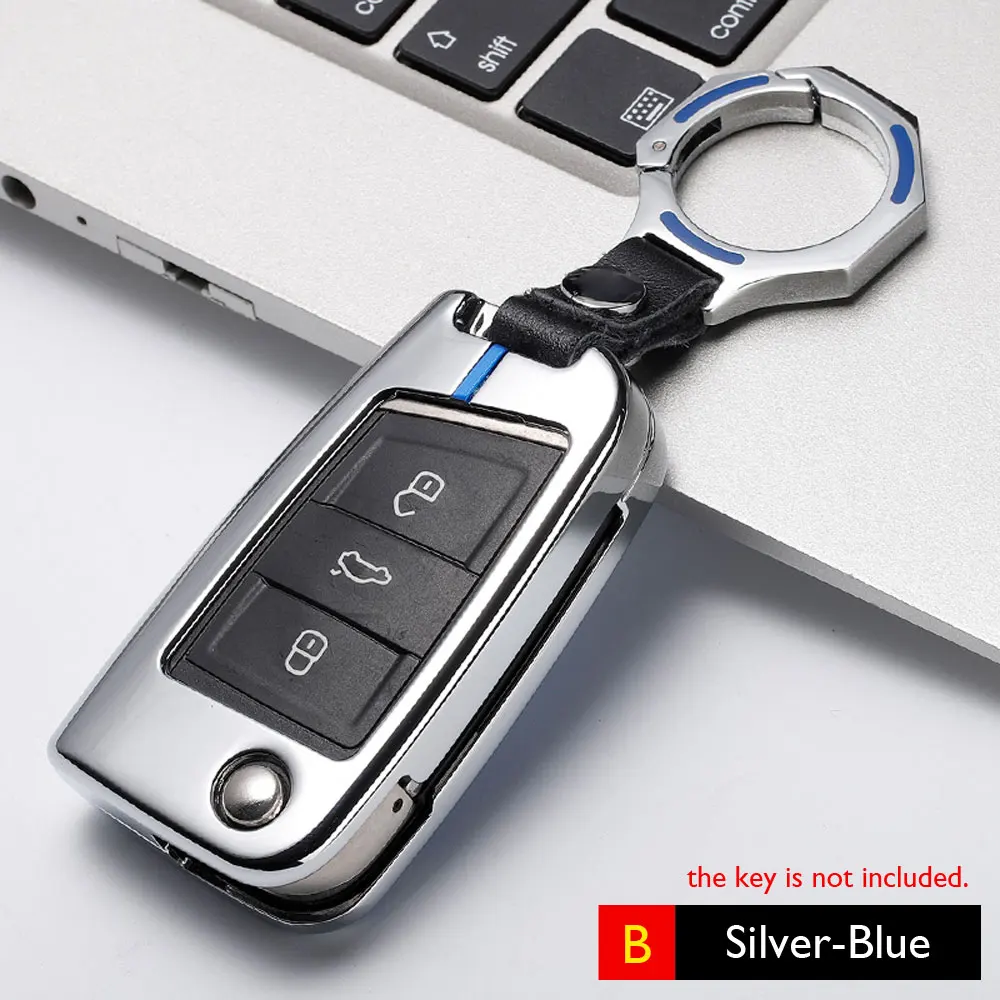 Чехол для ключей автомобиля из цинкового сплава для VW Volkswagen Sagitar Lavida Lamando Jetta Golf Parati Phaeton Phideon T-Roc Skoda - Название цвета: Key B Silver-Blue
