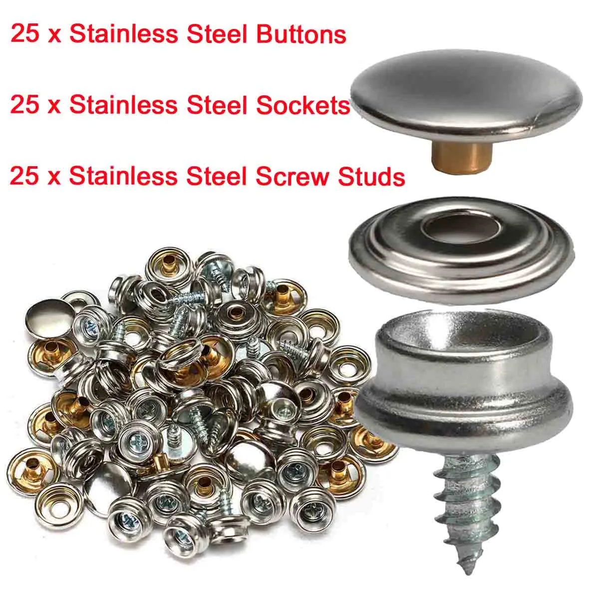 

Newest 25Set 15mm Yacht Caravan Snap Fastenrs With Screws Press Studs Button 3 Part Stainless Steel Sockets Tent Accessories