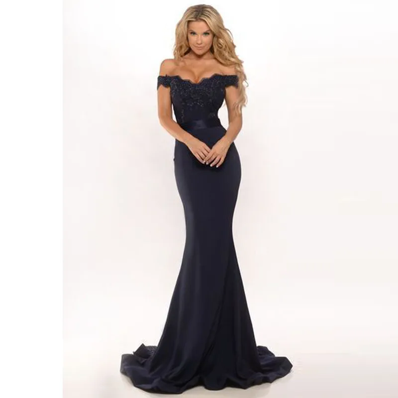 

Navy Blue Bridesmaid Gowns Mermaid Bridesmaid Gown Prom vestido madrinha casamento longo Cheap Wedding Guest Gowns Lace