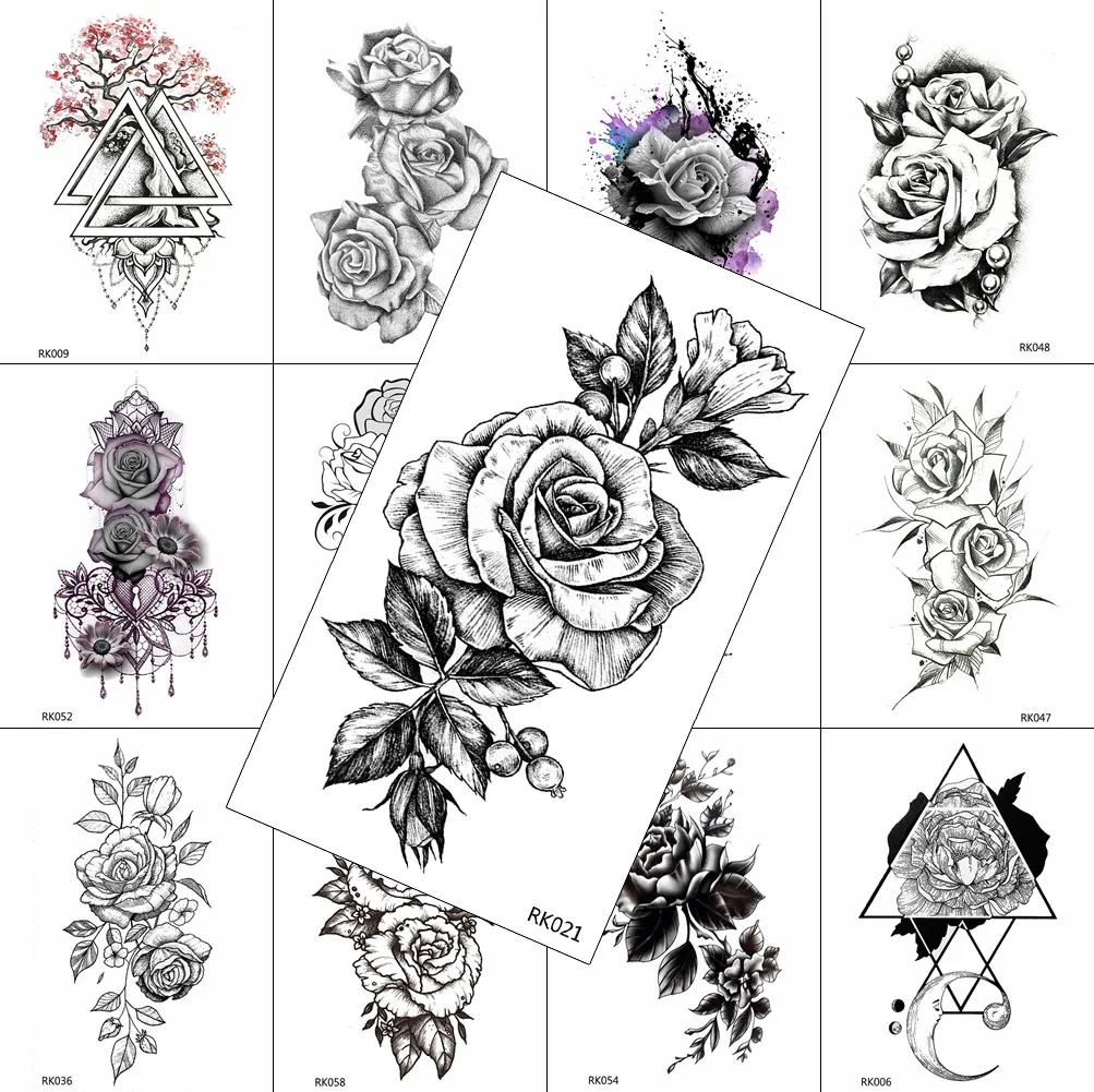 Черный реалистичный цветок, Временные татуировки, наклейка для женщин, поддельные ювелирные изделия, боди-арт, моющаяся татуировка, роза