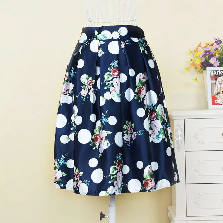 Casual Elastic Waist Women Skirts Print Flowers Knee Length A Line